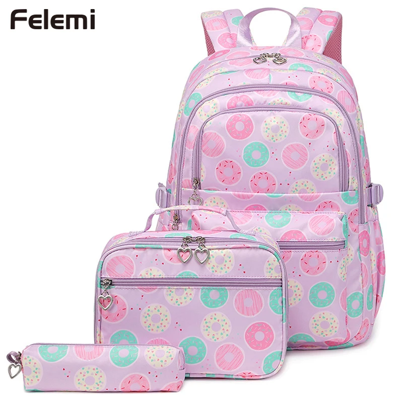 Mochilas escolares para meninas adolescentes, mochila impermeável para estudantes, mochila infantil com estojo de lápis, lancheira, 3 pcs por conjunto