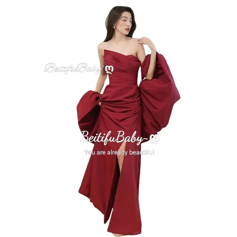 ที่กําหนดเองสไตล์จีนที่ไม่มีสายหนังชุดราตรีสตรี 2024 พร้อมผ้าคลุมไหล่ Elegant Ruched Fishtail กระโปรงพรหมชุด ...