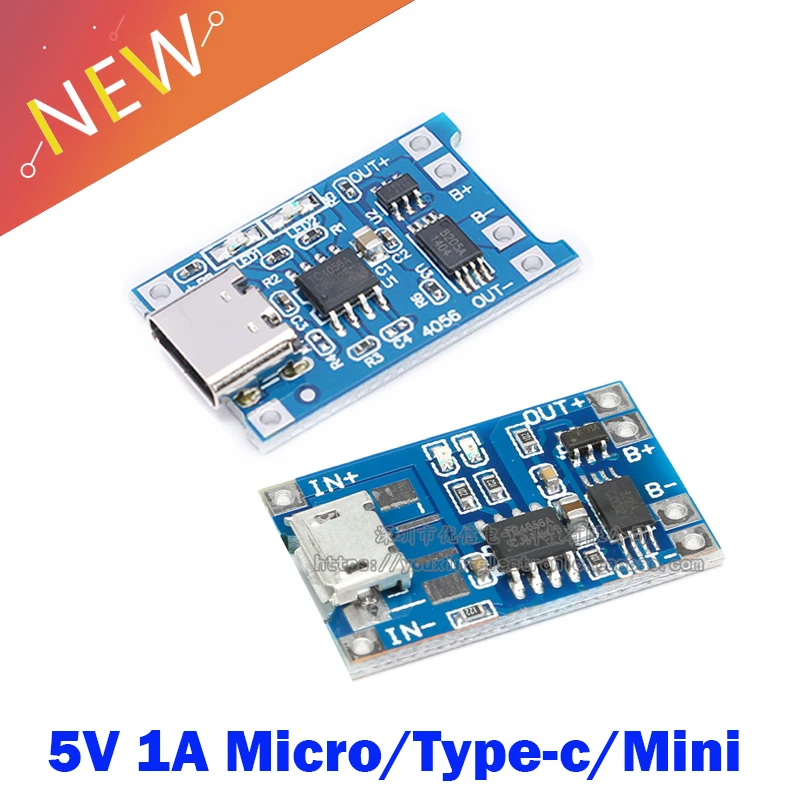 

5 шт., 5В 1A Micro/Type-c/Mini 18650 TP4056 модуль зарядного устройства литиевой батареи, зарядная плата с защитой, две функции, li-ion