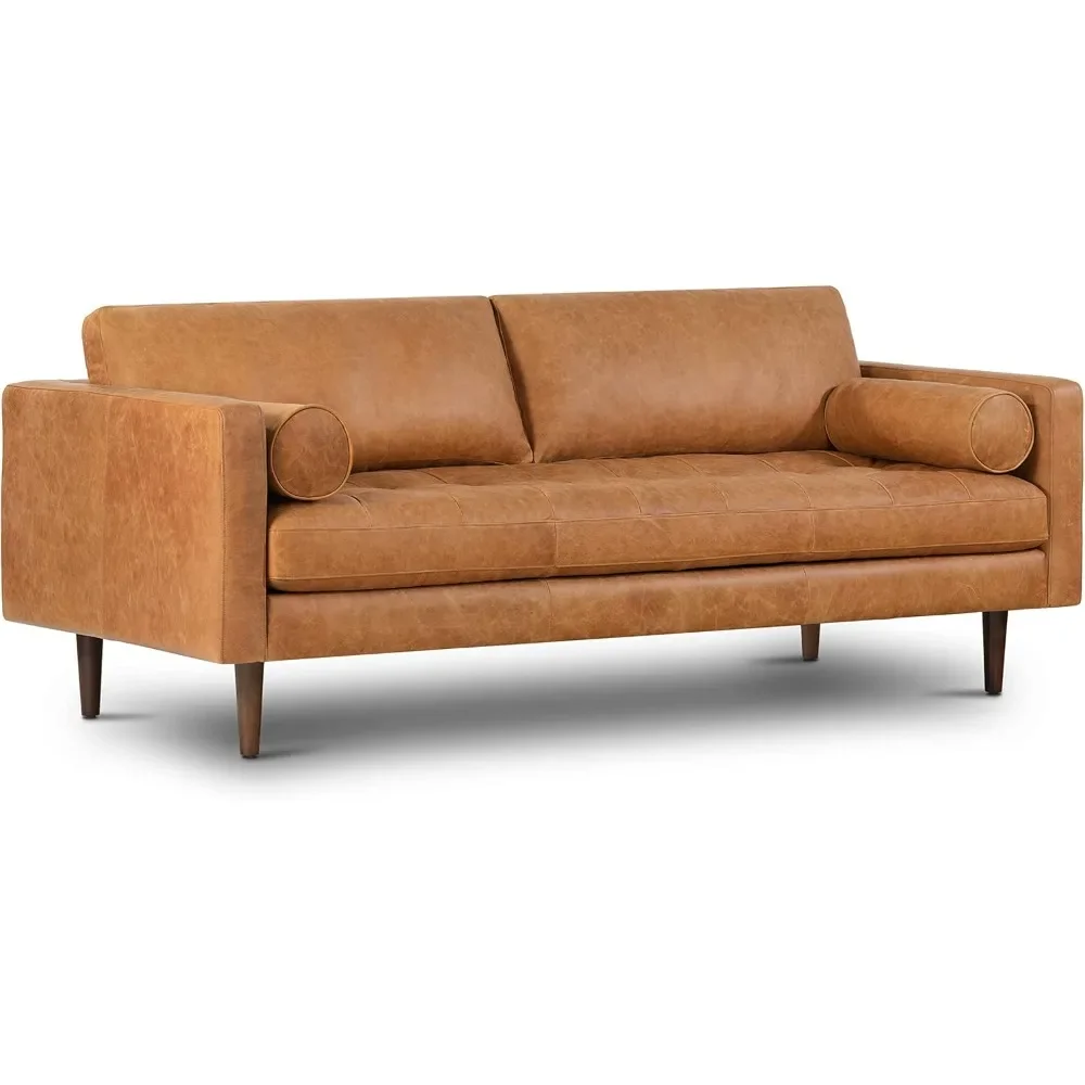 

Cognac Tan Brown Leather Couch - 88.5" Mid Century Leather Sofa with 2 Bolsters - Full Grain Camel Leather Couch