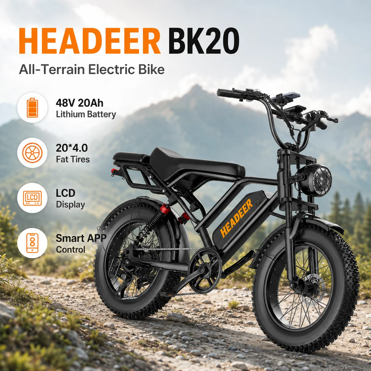 Vélo électrique tout-terrain pour adultes HEADER BK20 PRO, équipé d'une batterie lithium haute capacité 48V 20Ah, pneus larges de 20 pouces 4.0, suspension intégrale, écran LCD, compatible avec la commande par application intelligente