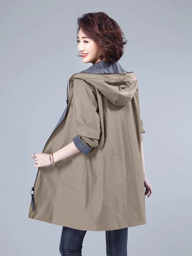 Hooded Loose Korea Gabardina Mid Length Big Size 7xl Trench Coats Casual Windbreaker Cargo Jackets New Women Fashion Abrigos