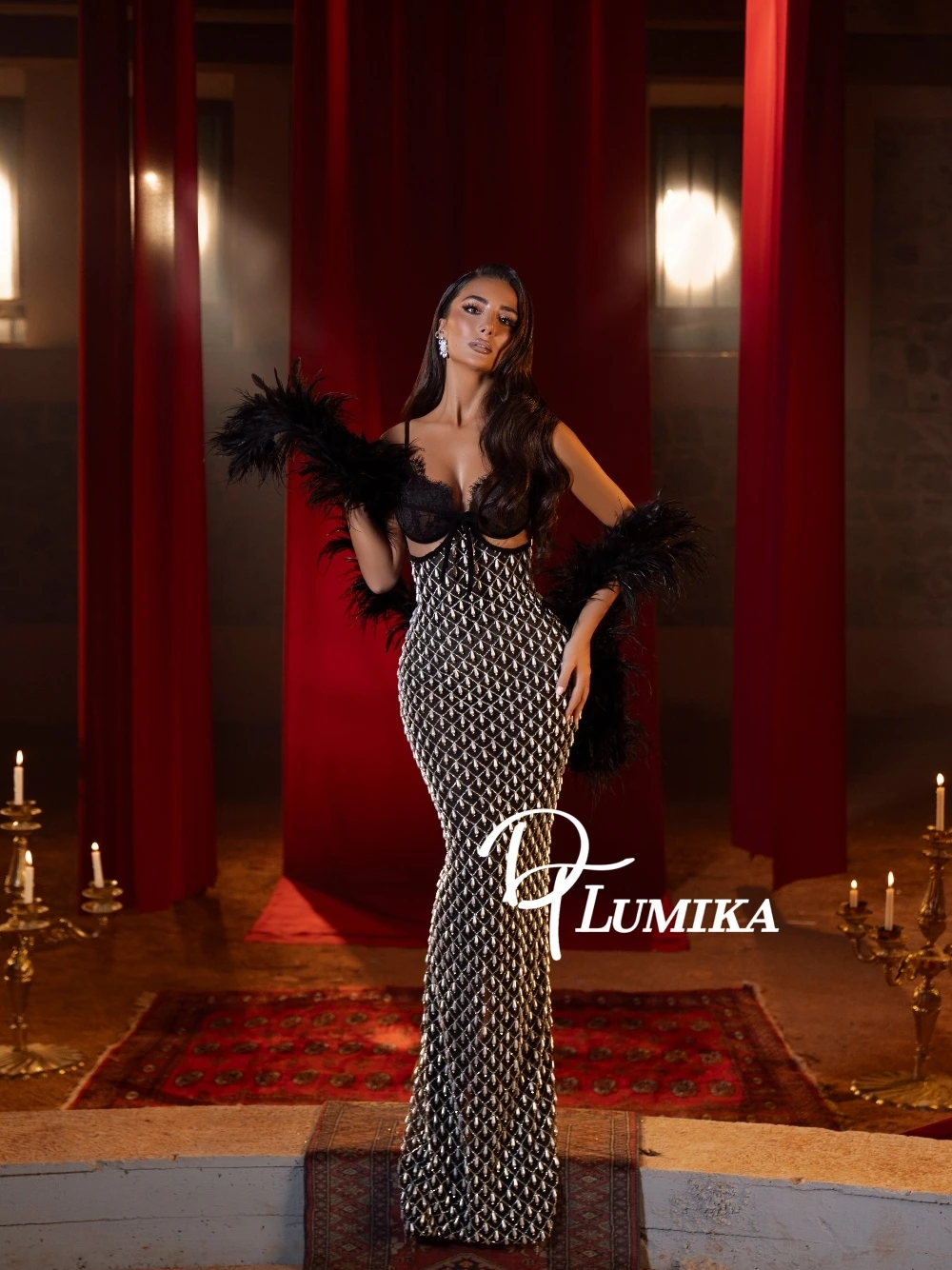 

Sexy Deep V Mermaid Party Dress Black Feather Shawl Crystal Beaded Sleeveless Richly Long Formal Gown For Prom Birthday Event