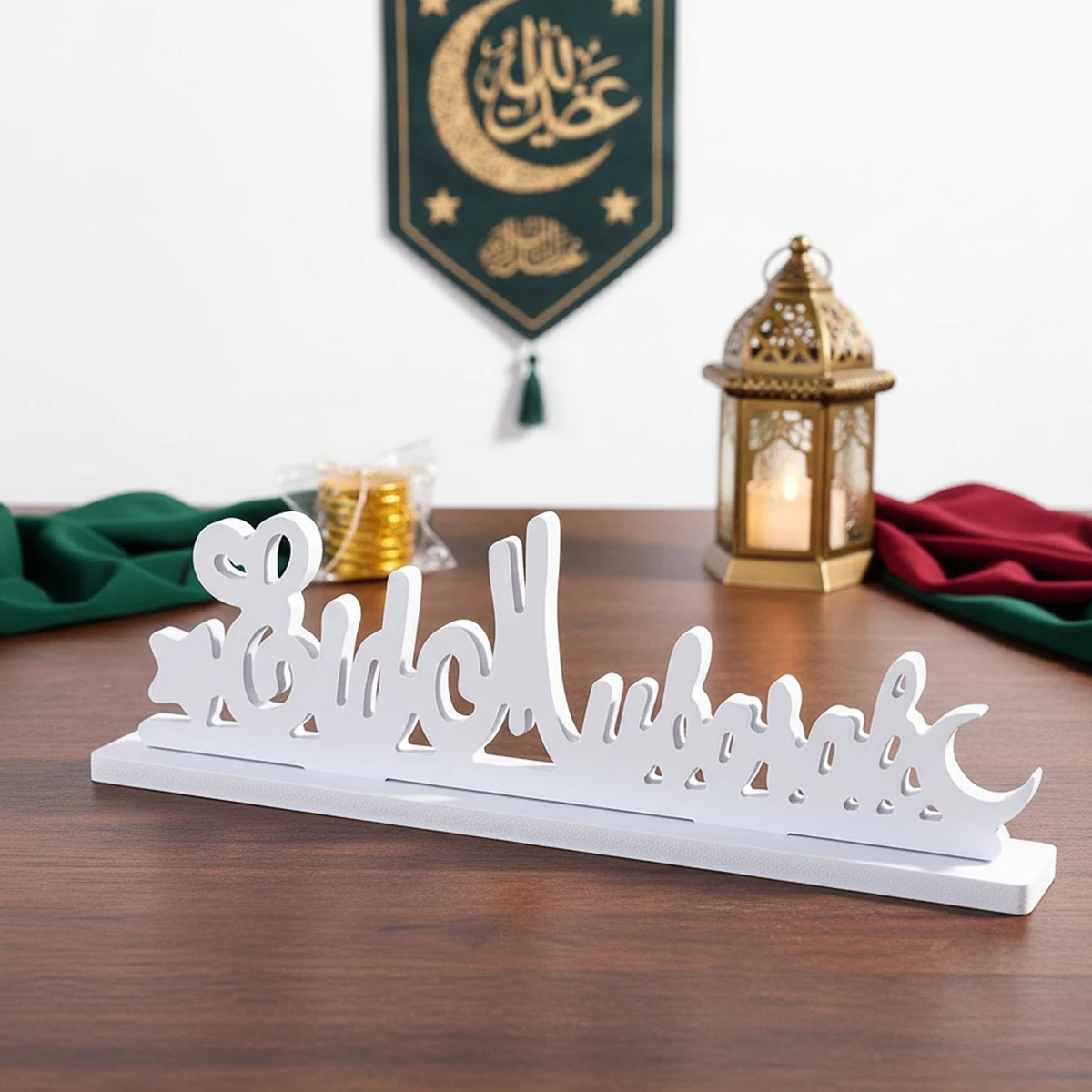 1PC, simple starry moon white Eid mubarak letter decorative ornaments, festival celebration design letter decorative handicrafts