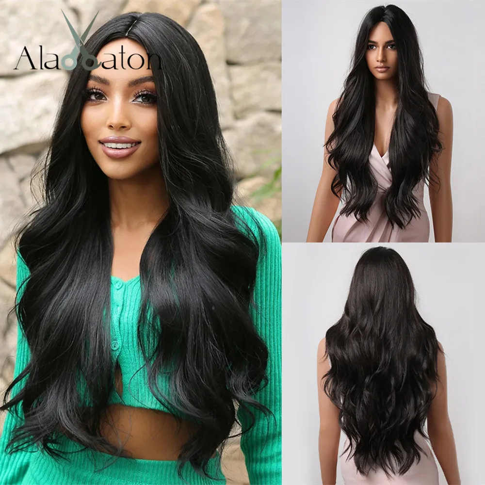 ALAN EATON Black Long Body Wavy Synthetic Wigs for Women Afro Black Hair Wigs Natural Middle Part Heat Resistant Fiber Daily Use