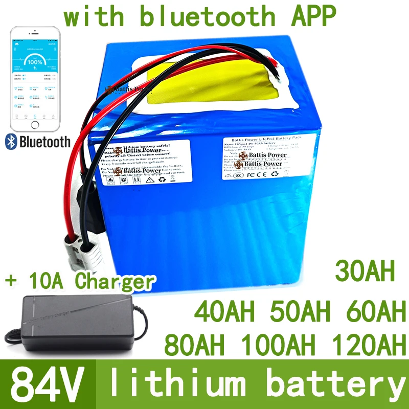 84v 50Ah 30Ah lithium ion battery 100Ah 84V 60Ah 80Ah 120Ah bluetooth APP BMS for 5000w motorcycle Floor golf cart + 10A charger