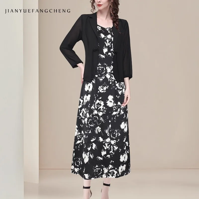 ผู้หญิงฤดูร้อนดอกไม้สีดําพิมพ์ Camisole ชุดเอวสูง A-Line Elegant Bodycon Casual Vintage ชุดอย่างเป็นทางการ