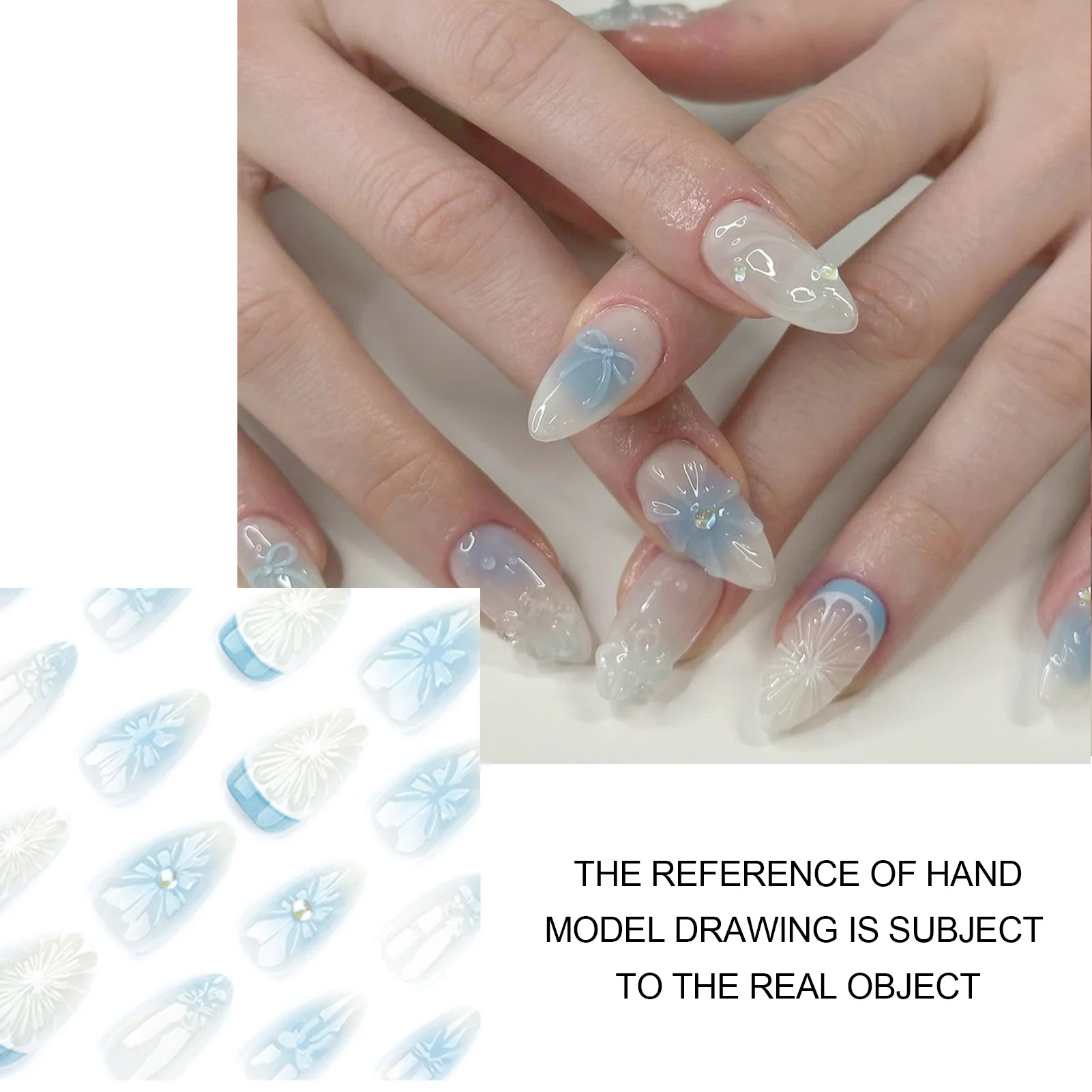 24pcs Blush Blue Fake Nails Druk op acrylnagels Franse tip Kunstnagels met 3D Strik Citroen Decor Lange Amandelgradiëntnagels