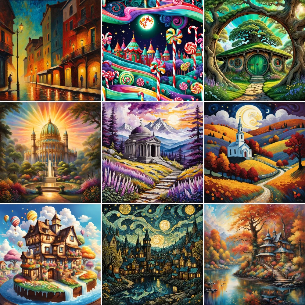 Landscape Fantasy Villa Printed Canvas Cross-Stitch Embroidery Set Handiwork Craft Handmade Painting Jewelry Magic Room Decor