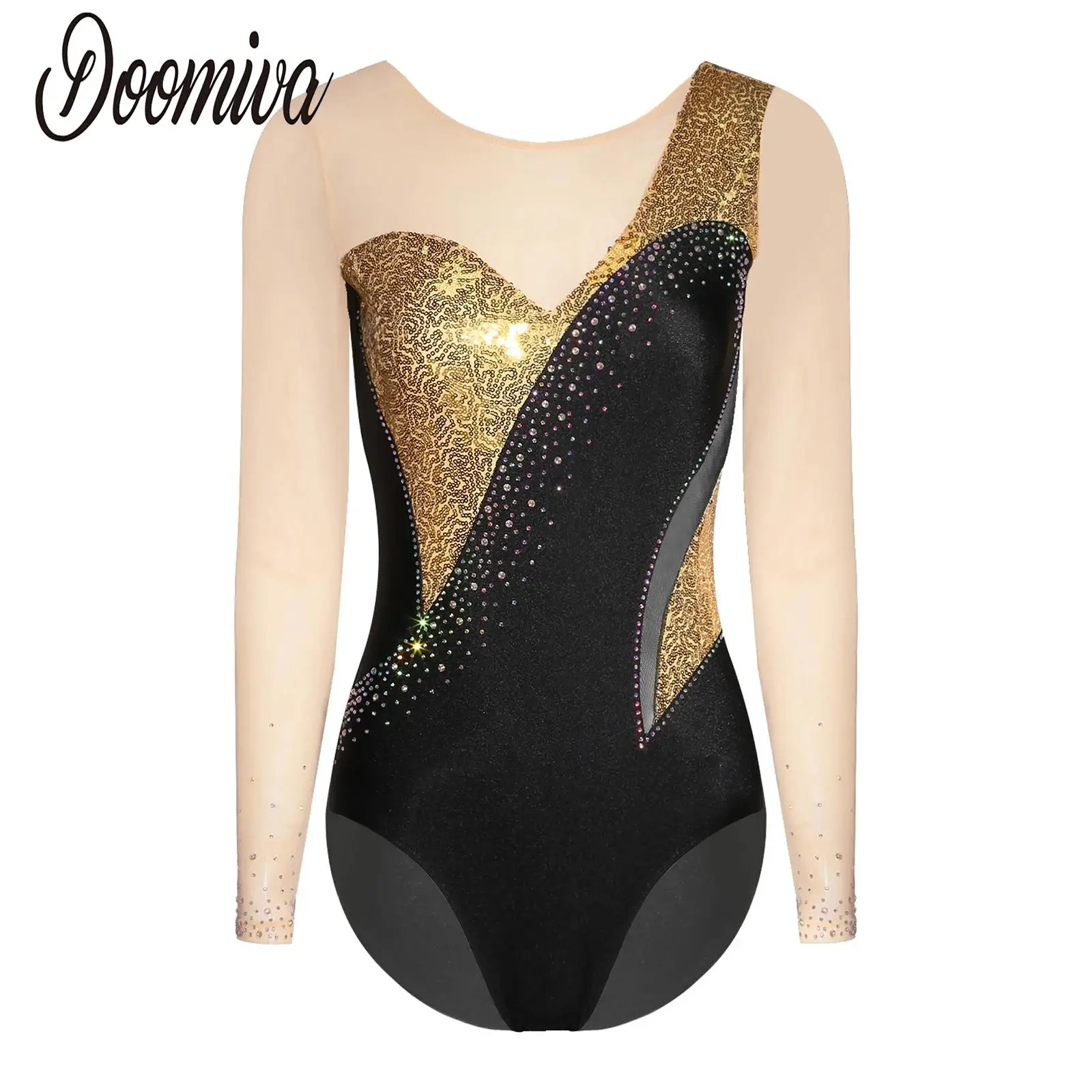 

Women Leotards Ballet Long Sleeve Sheer Mesh Patchwork Sequins Jumpsuit Performance Skating Gymnastics Bodysuit for Competition