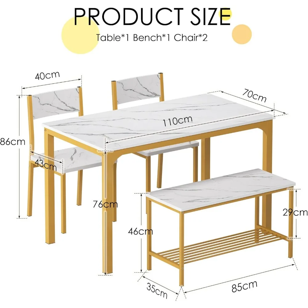 Juego de mesa de comedor para 4 personas, juego de mesa de cocina de 43,3 pulgadas, banco para 2 personas con estante de almacenamiento