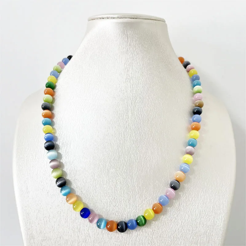 8MM Cat Eye Necklace Colorful Mix Color Bead Women Luxury Gemstone Gem Preciosas Undyed Natural Stone Yoga Jewelry Female