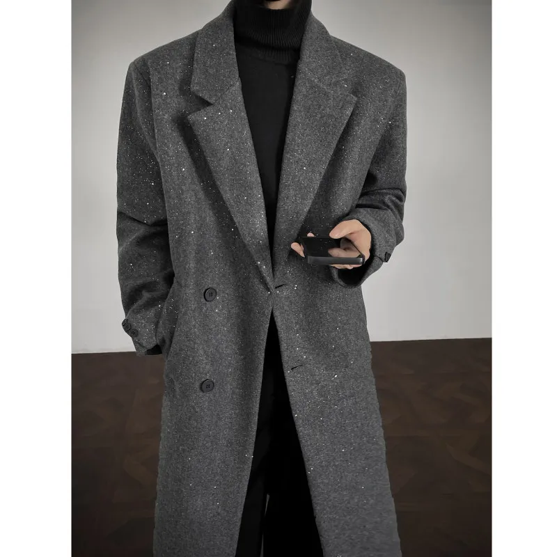 

Korean Sle Long Men's Woolen Coat oulder Padded Knee-Length Overcoat Briti Sle Outerwear Winter Warm Faionable