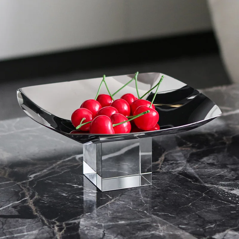 Metallene quadratische Obstschale mit Kristallsockel, Aufbewahrungstablett, Dessertteller mit hohem Fuß, Kuchenständer, Präsentationsteller, Snackschale
