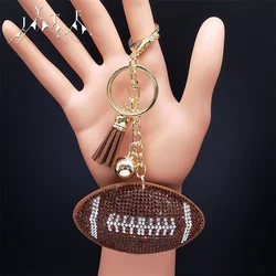 Cute Rugby American Football Crystal Key Chain for Bag Accessories Alloy Rhinestone Tassel Bell Car Key Ring Jewelry Gift K7366