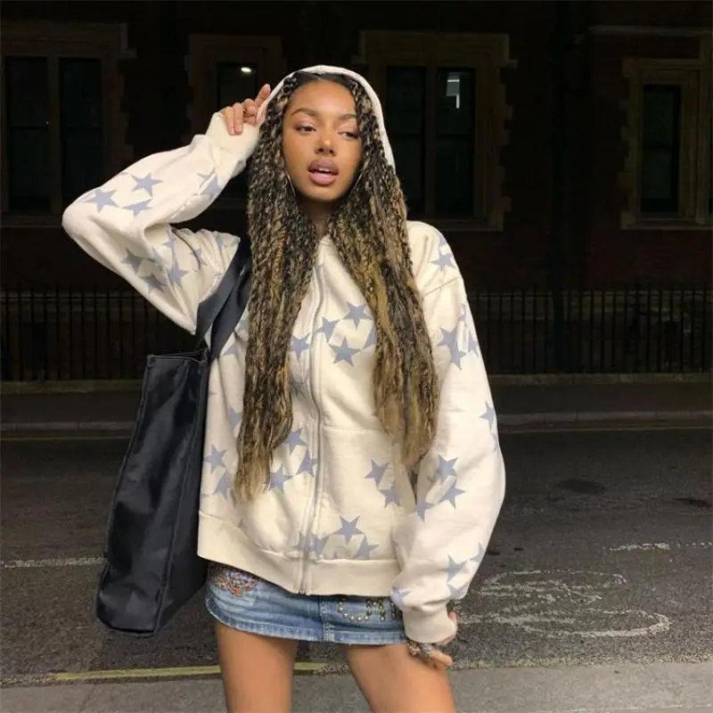 Übergroßer Sternenprint Zip-Up Hoodie, Unisex Streetwear Y2K Sweatshirt