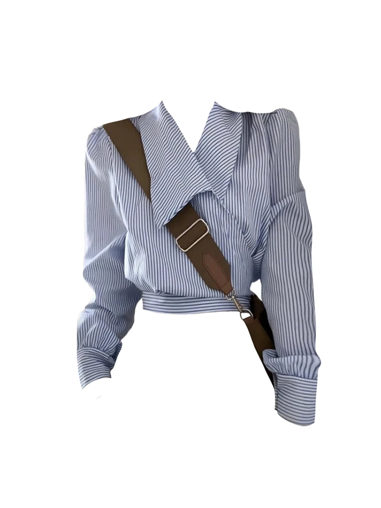 

Women Clothing Commute Striped Shirt Spring Summer Long Sleeve Fashion Single Breasted Casual Blouse Polo-Neck 90s Office Lady
