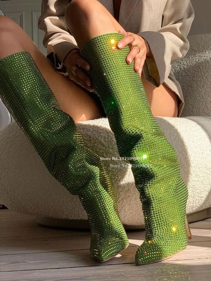 

Green Diamante Slouchy Crystal Knee Length High Heel Boot Women Stiletto Heeled Glittering Rhinestone Pointed Toes Long Bota