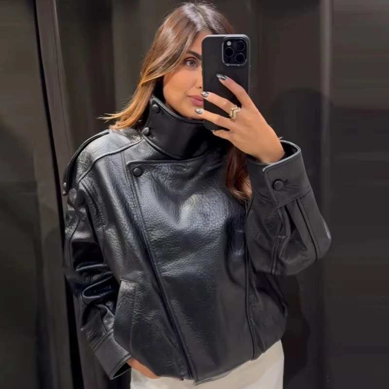 Faux Leather Black Jackets For Woman New Arrival Cropped Oversize Bomber Jacket Zip-Up Long Sleeve Coats Motorcycle Jackets