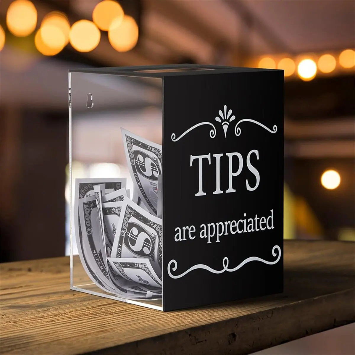 Picture 6: Acrylic Tips Jar for Restaurant Donation Suggestion Box Collection Donation Money Storage Container Raffle Cash Box-A12I