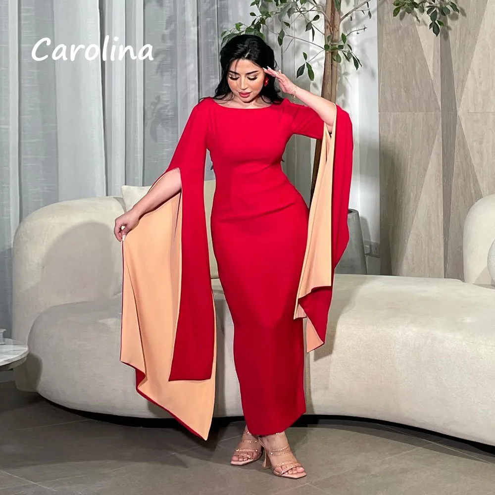 

Carolina Red O-Neck Mermaid 2024 Slim Crepe Ankle-Length Split Long Sleeve Ocassion Gown Formal Evening Dress