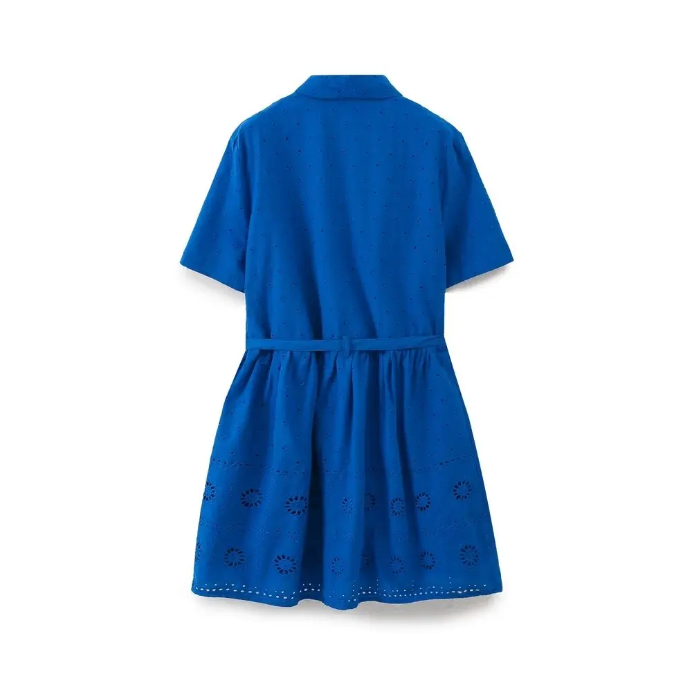 Tangada 2024 Women Embroidery Cotton Dress With Slash Short Sleeve Females Blue Short Dresses 6H0243