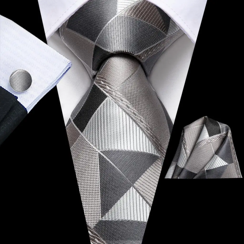 

Grey Silver Novelty 2023 New Elegant Mens Ties Hanky Cufflinks Silk Neckties For Men Wedding Party Business Fashion Brand Hi-Tie