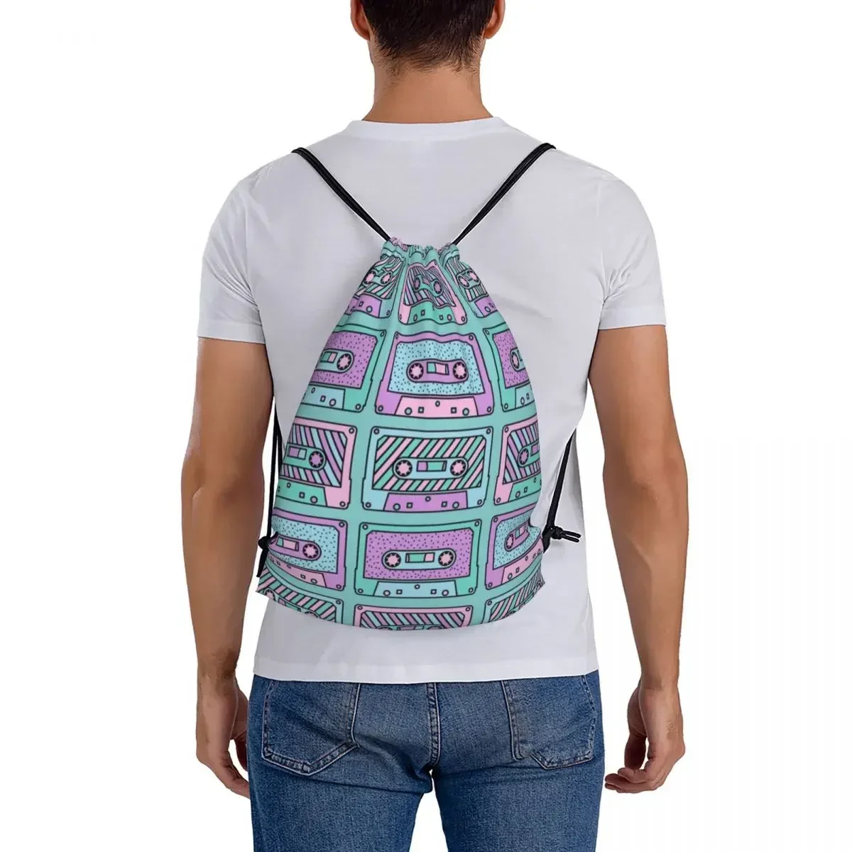 Vintage Cassette Tape Backpacks Fashion Portable Drawstring Bags Drawstring Bundle Pocket Sundries Bag Book Bags For Man Woman