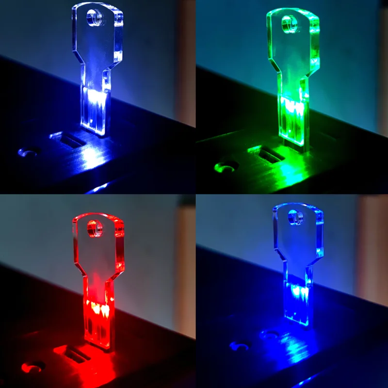 무료 사용자 정의 스튜디오 로고 아크릴 투명 키 컬러 프리미엄 LED 라이트 USB2.0 플래시 드라이브 4GB 8GB 16GB 32GB 64GB 메모리 U 디스크
