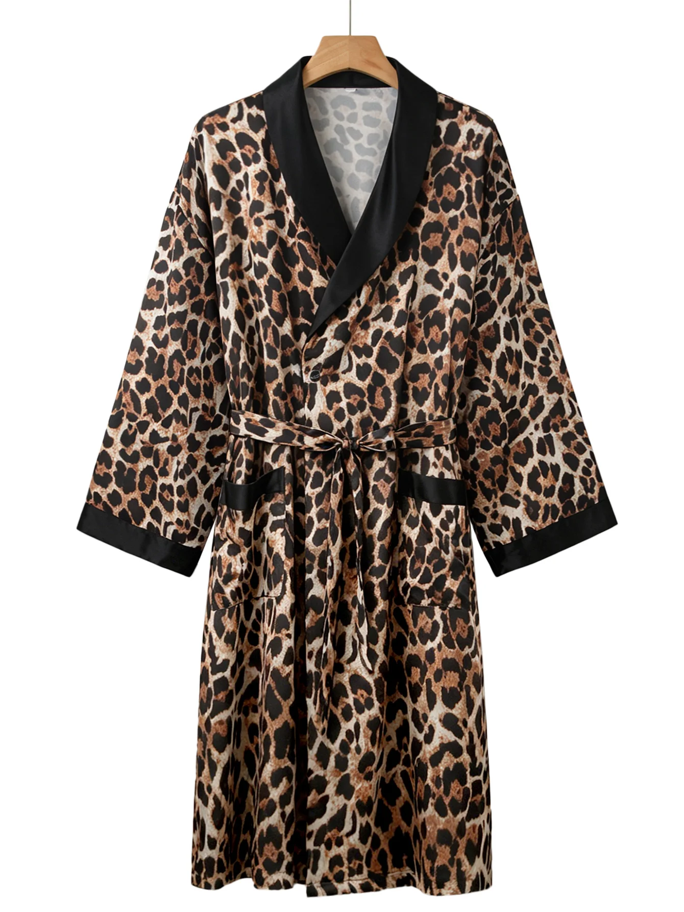 College Student Leopard Robe for Men Soft Satin Bathrobe with Pockets Lightweight Loungewear for Dorm Room Campus Home