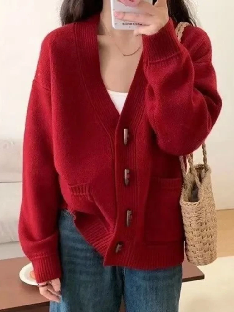 

Korobov Autumn Korean Casual Loose V Neck Long Sleeve Single Breasted Solid Thick Pockets Knitted Cardigan