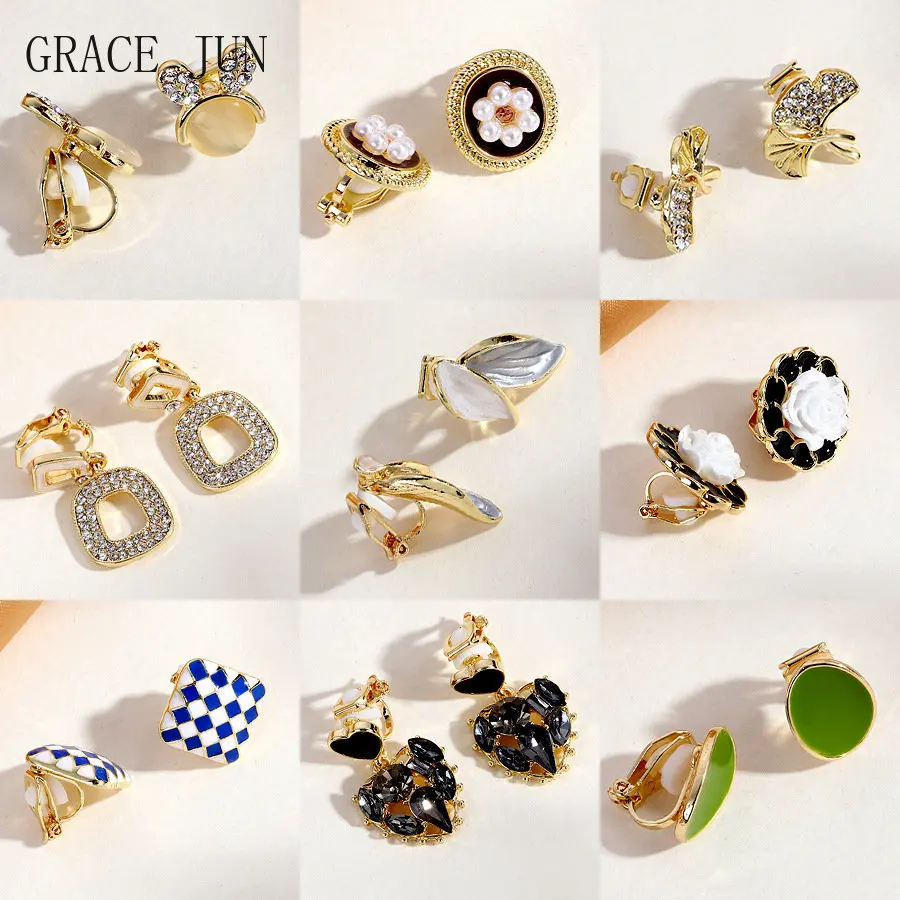 GRACE JUN New Arrival Clip on Earrings for Women\'s Fashion Pearl Enamel No Pierced Earrings Gold Color Cuff Earrings Ear Clip