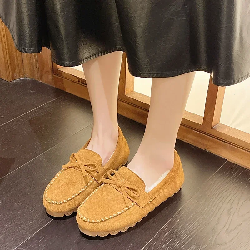 Fashion Bow Winter Women's Moccasins Flats Non-slip Flat Shoes Female Warm Loafers Slip-on Comfort Cotton Shoes Zapatos De Mujer