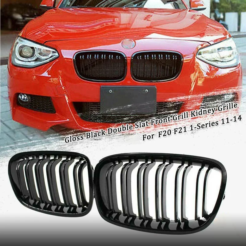 

Front Bumper Kidney Double Line Grille Sport Grille Grill Replacement For-BMW F20 F21 1 Series 2011-2014 Gloss Black