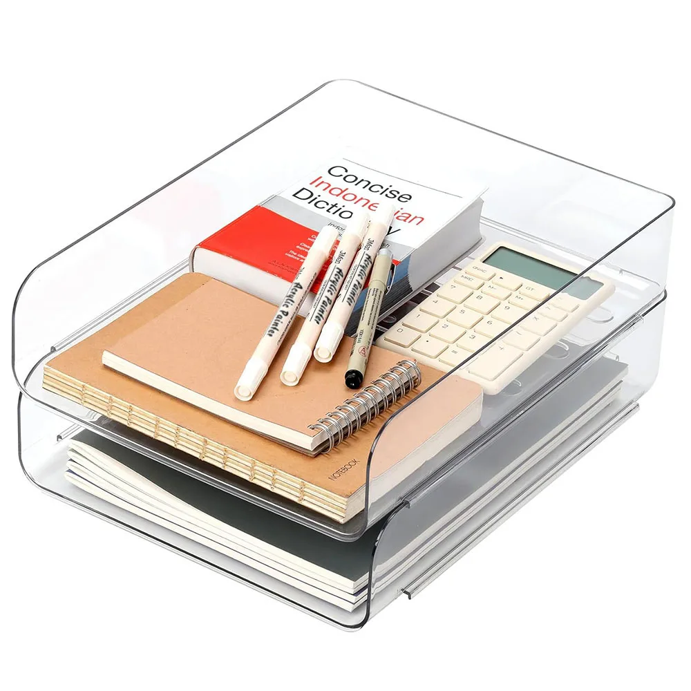 Desk Letter Tray 1/2 Tier PET A4 Size Document Organizer Book Storage Office Desktop File Paper Holder Stackable Clear Organizer