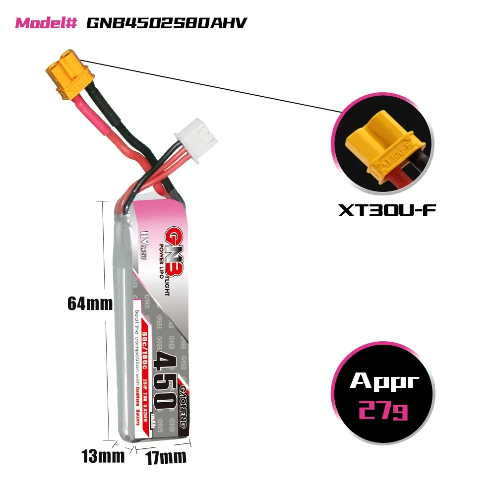 GAONENG GNB 450mAh HV 2S 80C 160C 7.6V XT30 LiPo Battery Tinyhawk II Small Heli Helicopter Multiroter Mini Micro FPV