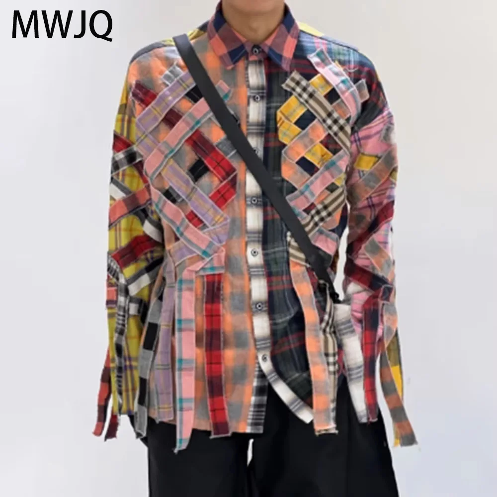 MWJQ Alone American Male Plaid Irregular Design Shirts High Street Lapel Spliced Long Sleeve Tops 2025 Autumn New Tide 010290