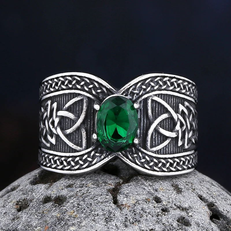 Fashion 316L Stainless Steel Nose Viking Celtic Knot Ring With Green Zircon Odin Amulet Scandinavian Jewelry For Couple Gift