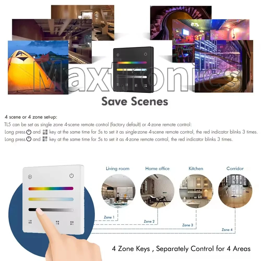 WT5 5in1 Tuya Wifi LED Controller 4 Scene 4 Zone Touch Panel RF 2.4G Remote Alexa Google for  RGBCCT LED Strip Light Controler