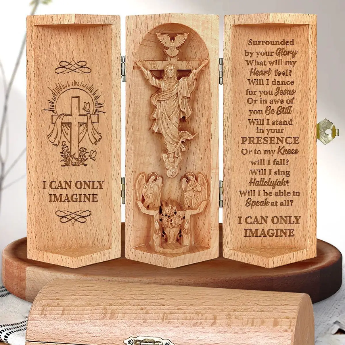 

Wood Sculpture Nativity Family Decor Serenity Prayer Christian Statue of Jesus Father in Heaven Christian Cylinder Decor