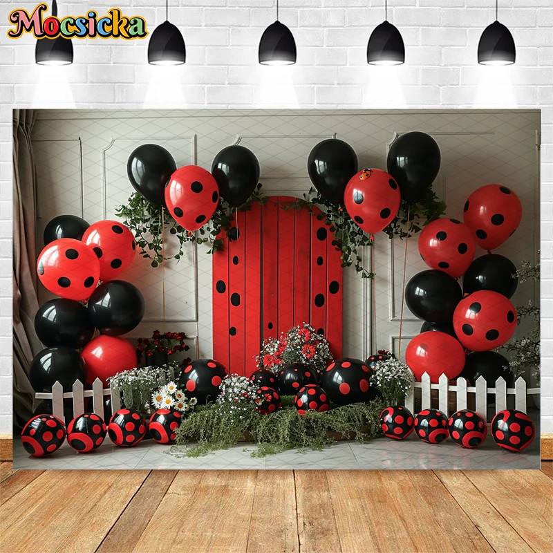 Mocsicka Birthday Party Photography Background Cake Smash Kid Portrait Crushed Beetle Seven-Spotted Ladybug Decor Photo Backdrop - view 3