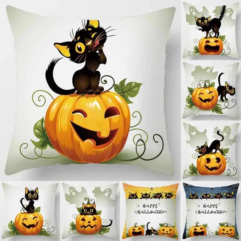 

Halloween Cartoon Cat Square Pillowcase Home Decoration Car Sofa Bedroom Cushion Cover