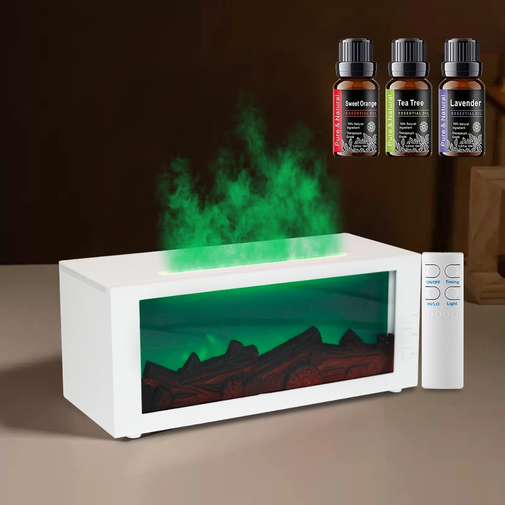 Fireplace aroma diffuser, can change 7 colors, flame air humidifier, with timer remote control and 3 bottles of essential oils