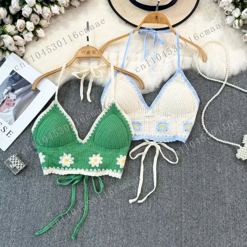 

Beach Halter Tank Top for Women Backless Hook Flower Hollow Low-cut Camisole Exposed Shoulders Camis Summer Wholesale