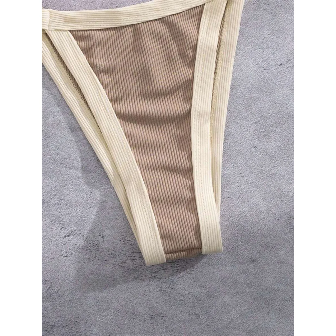 Gestreifter Bikini mit Riemchen, Damen-Badebekleidung, zweiteiliger Bikini-Set, hoch geschnittene Beine, gepolsterter Badeanzug, Badebekleidung, Schwimmbekleidung V7694 – Detail 6