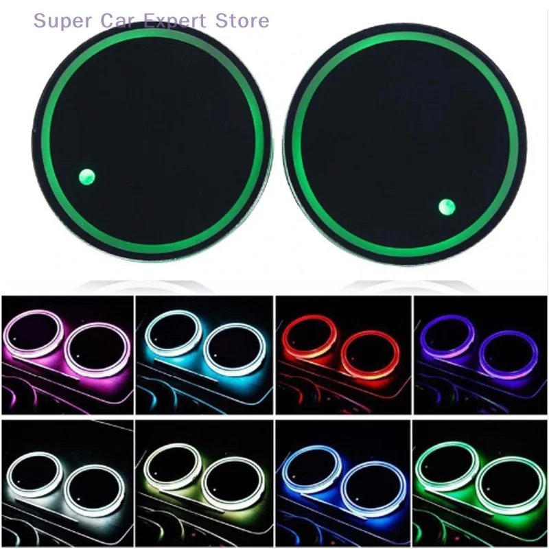 1 Juego de alfombrillas de luz LED, Sensor de luz de botella, accesorios interiores de ambiente, posavasos universales de 7 colores para coche, portavasos