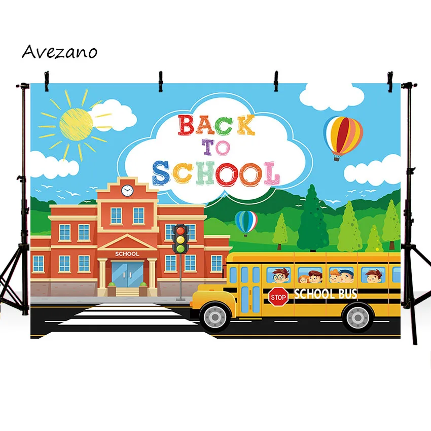 Avezano พื้นหลังสำหรับถ่ายภาพกลับไปที่ห้องเรียนรถบัสท้องฟ้าแสงแดดสีฟ้าเมฆงานเลี้ยงของเด็กฉากหลังของตกแต่งสตูดิโอถ่ายภาพ