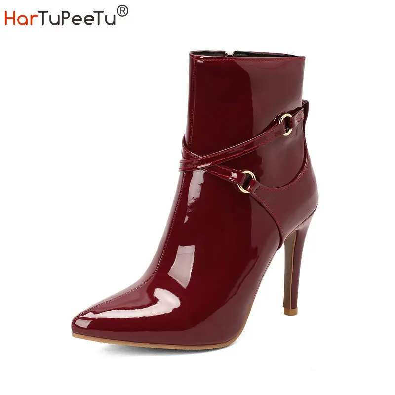 Winter High Heels Boots Women Ankle 2023 New Glossy Patent Leather Stilettos Pointed Toe Cross Bandage Zip Plus Size 34-50 Shoes