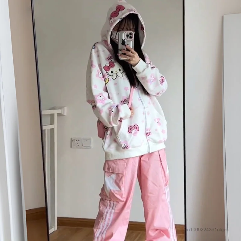 Sanrio Hello Kitty Zip Up Hoodies Women Spring Autumn Fashion Sweatshirts Cartoon Full Print Aesthetic Cardigan Shirts Y2k Tops