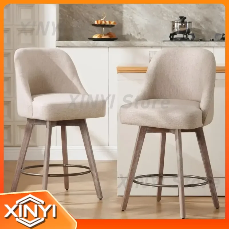 Counter Height Bar Stools Set of 2 for Modern Mid-Century Swivel Barstools with Backs Wood Legs Linen Fabric Upholstered